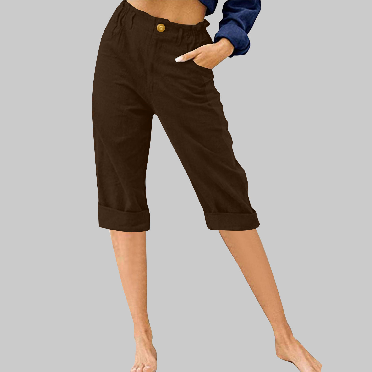 Shorts for Women Summer Regular Fitted Casual Shorts Plus Size Fashion Comfortable Pockets High Waisted New Solid Three-Quarter Short Pants Brown M